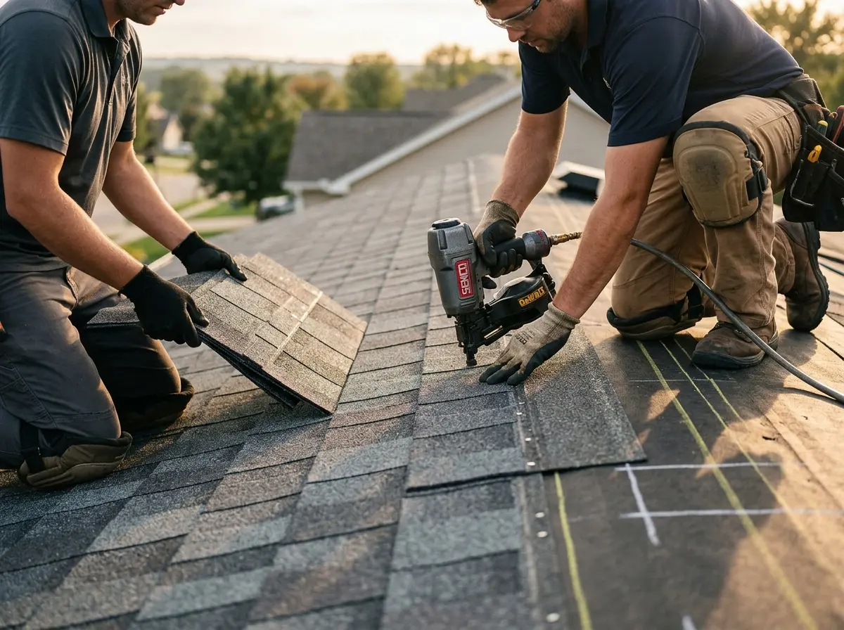 Professional roofer working on a residential roof in Broussard